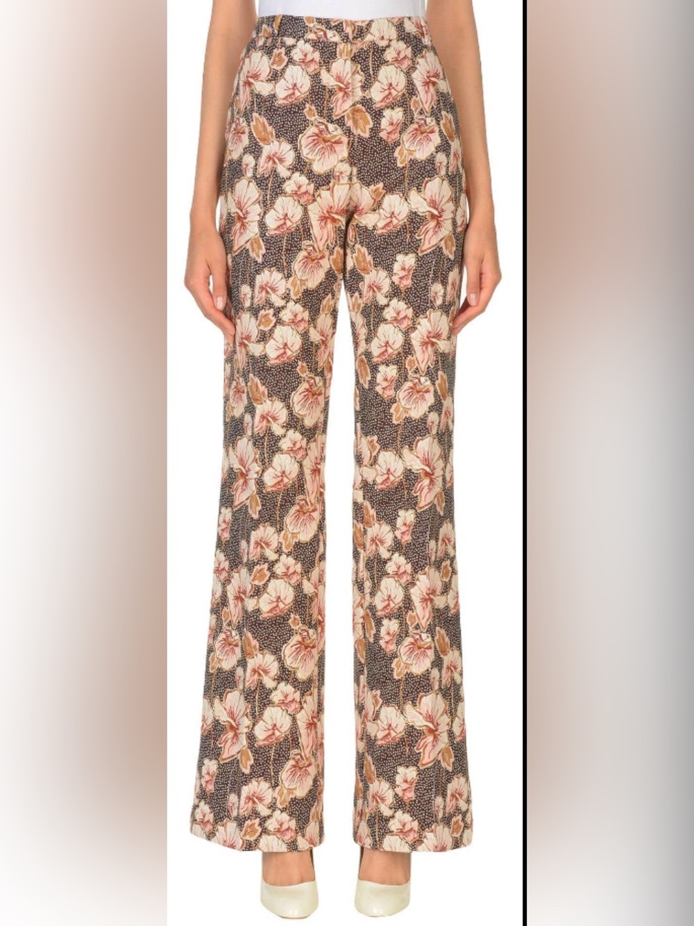 PINKO burgundy and peach floral-print wide-leg trousers. Size 8 (IT 44)